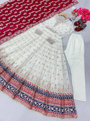 New White Festival & Party Wear Heavy Faux Georgette Gown, Dupatta & Bottom Set