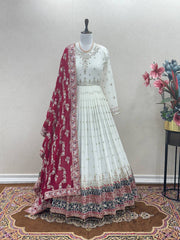 New White Festival & Party Wear Heavy Faux Georgette Gown, Dupatta & Bottom Set