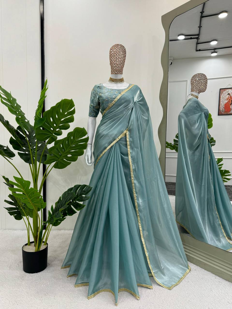 Exquisite Sky Blue Designer Saree with Fancy Lace & Sequin Work
