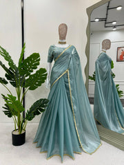 Exquisite Sky Blue Designer Saree with Fancy Lace & Sequin Work