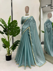 Exquisite Sky Blue Designer Saree with Fancy Lace & Sequin Work