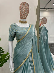 Exquisite Sky Blue Designer Saree with Fancy Lace & Sequin Work