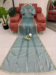 Exquisite Sky Blue Designer Saree with Fancy Lace & Sequin Work
