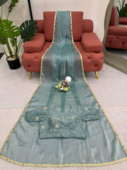 Exquisite Sky Blue Designer Saree with Fancy Lace & Sequin Work