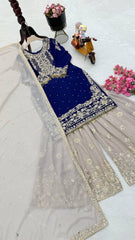 Glamorous Blue Fox Georgette Mirror Work Top with Palazzo & Dupatta