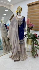 Glamorous Blue Fox Georgette Mirror Work Top with Palazzo & Dupatta