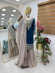 Glamorous Blue Fox Georgette Mirror Work Top with Palazzo & Dupatta