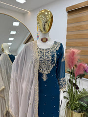 Glamorous Blue Fox Georgette Mirror Work Top with Palazzo & Dupatta