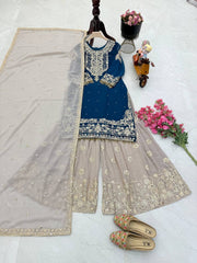 Glamorous Blue Fox Georgette Mirror Work Top with Palazzo & Dupatta