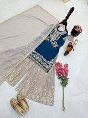 Glamorous Blue Fox Georgette Mirror Work Top with Palazzo & Dupatta