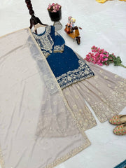 Glamorous Blue Fox Georgette Mirror Work Top with Palazzo & Dupatta
