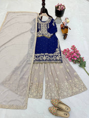 Glamorous Blue Fox Georgette Mirror Work Top with Palazzo & Dupatta