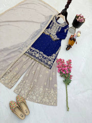 Glamorous Blue Fox Georgette Mirror Work Top with Palazzo & Dupatta