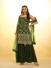 Glamorous Green Georgette Sharara Set with Sequin Embroidery & Dupatta – Ready to Wear (XS to XXL)