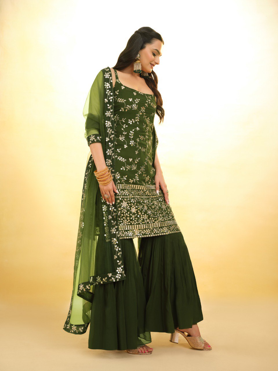 Glamorous Green Georgette Sharara Set with Sequin Embroidery & Dupatta – Ready to Wear (XS to XXL)