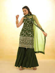 Glamorous Green Georgette Sharara Set with Sequin Embroidery & Dupatta – Ready to Wear (XS to XXL)