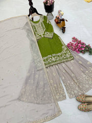 Glamorous Mahendi Fox Georgette Mirror Work Top with Palazzo & Dupatta