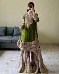 Glamorous Mahendi Fox Georgette Mirror Work Top with Palazzo & Dupatta