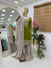 Glamorous Mahendi Fox Georgette Mirror Work Top with Palazzo & Dupatta