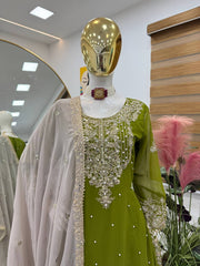 Glamorous Mahendi Fox Georgette Mirror Work Top with Palazzo & Dupatta