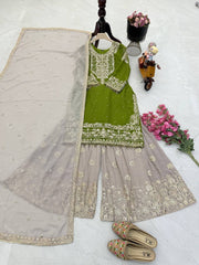 Glamorous Mahendi Fox Georgette Mirror Work Top with Palazzo & Dupatta
