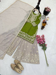 Glamorous Mahendi Fox Georgette Mirror Work Top with Palazzo & Dupatta