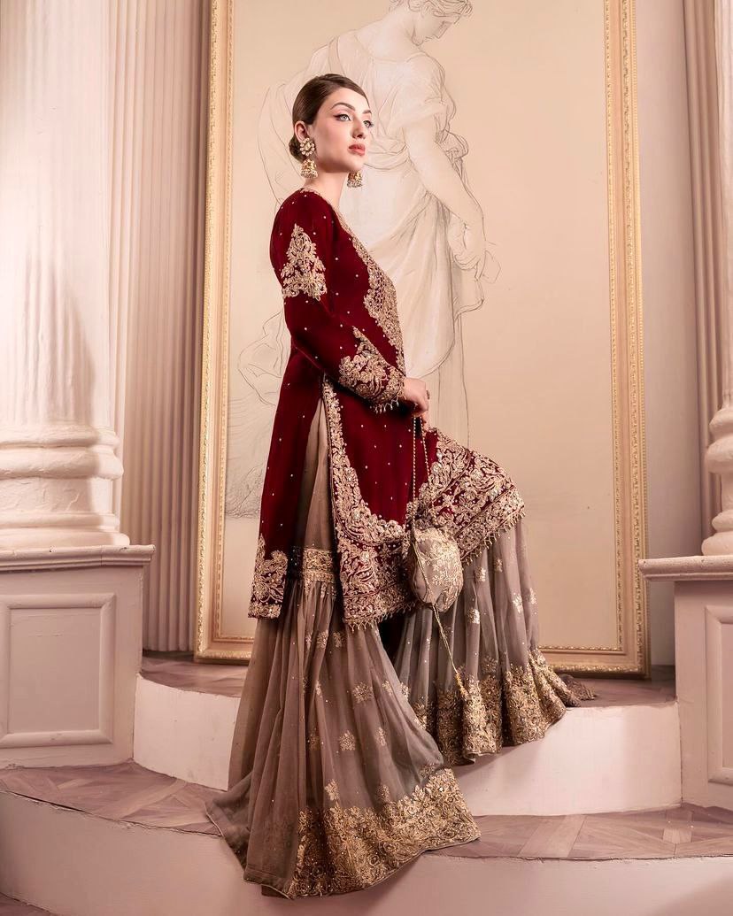 Glamorous Maroon Fox Georgette Mirror Work Top with Palazzo & Dupatta