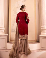 Glamorous Maroon Fox Georgette Mirror Work Top with Palazzo & Dupatta