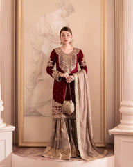 Glamorous Maroon Fox Georgette Mirror Work Top with Palazzo & Dupatta