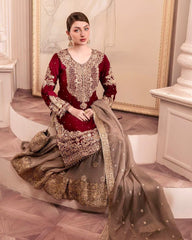 Glamorous Maroon Fox Georgette Mirror Work Top with Palazzo & Dupatta