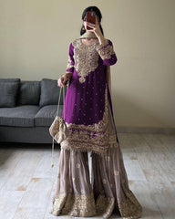 Glamorous Purple Fox Georgette Mirror Work Top with Palazzo & Dupatta