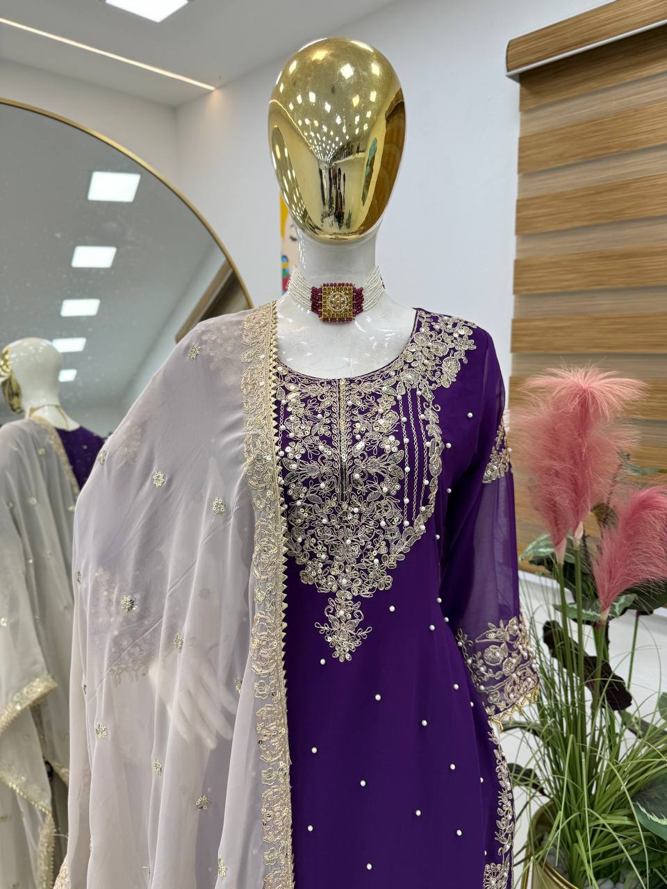 Glamorous Purple Fox Georgette Mirror Work Top with Palazzo & Dupatta