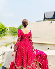 Glamorous Rani Pink Georgette Gown with Sequin Embroidery & Dupatta