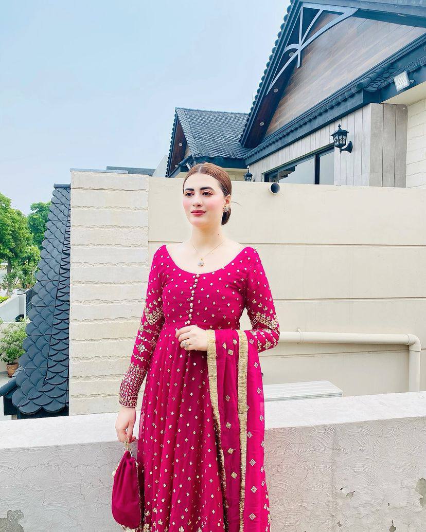 Glamorous Rani Pink Georgette Gown with Sequin Embroidery & Dupatta