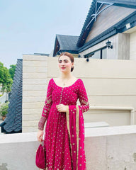 Glamorous Rani Pink Georgette Gown with Sequin Embroidery & Dupatta