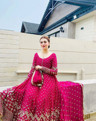 Glamorous Rani Pink Georgette Gown with Sequin Embroidery & Dupatta