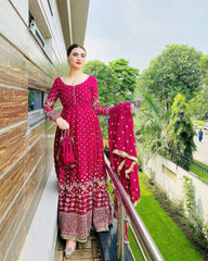 Glamorous Rani Pink Georgette Gown with Sequin Embroidery & Dupatta