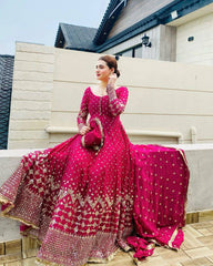 Glamorous Rani Pink Georgette Gown with Sequin Embroidery & Dupatta