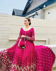 Glamorous Rani Pink Georgette Gown with Sequin Embroidery & Dupatta