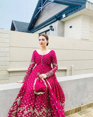 Glamorous Rani Pink Georgette Gown with Sequin Embroidery & Dupatta