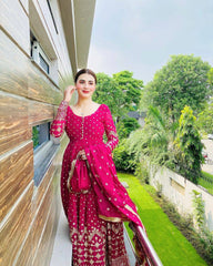 Glamorous Rani Pink Georgette Gown with Sequin Embroidery & Dupatta