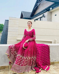 Glamorous Rani Pink Georgette Gown with Sequin Embroidery & Dupatta
