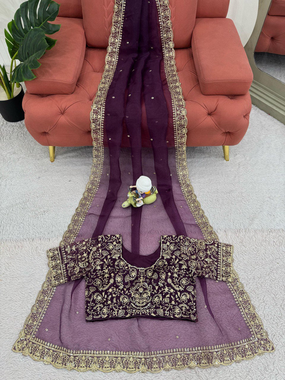 Gorgeous Purple Designer Saree with Thread & Sequin Work - Heavy Organza Silk