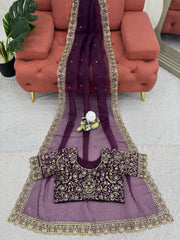 Gorgeous Purple Designer Saree with Thread & Sequin Work - Heavy Organza Silk