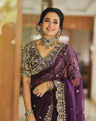 Gorgeous Purple Designer Saree with Thread & Sequin Work - Heavy Organza Silk