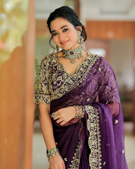 Gorgeous Purple Designer Saree with Thread & Sequin Work - Heavy Organza Silk