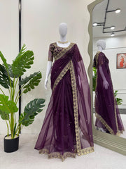 Gorgeous Purple Designer Saree with Thread & Sequin Work - Heavy Organza Silk