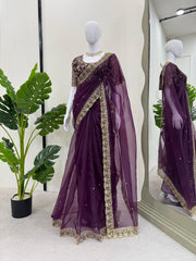 Gorgeous Purple Designer Saree with Thread & Sequin Work - Heavy Organza Silk