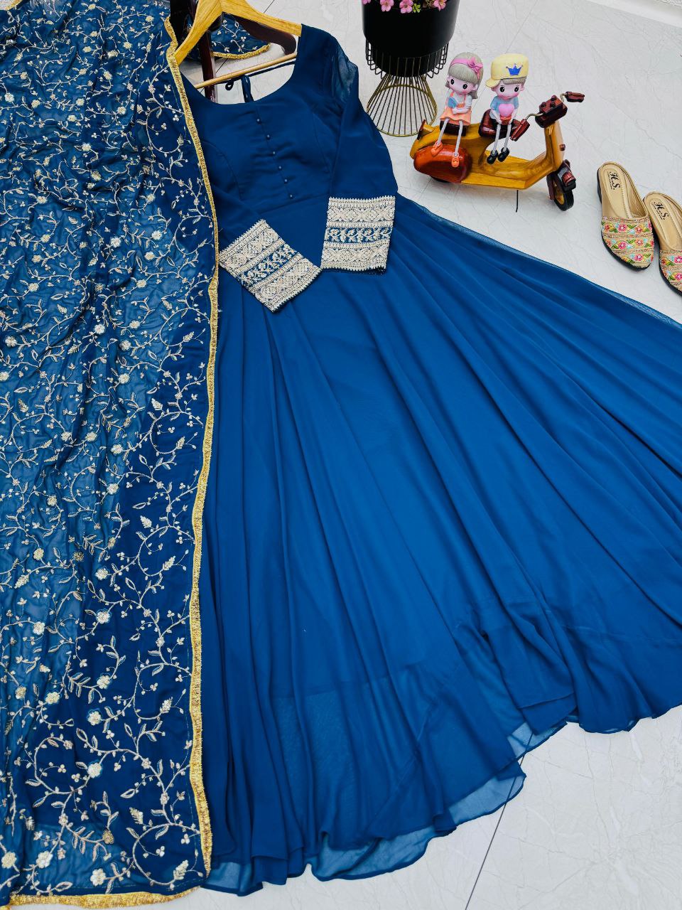 Graceful Blue Fox Georgette Gown with Embroidered Dupatta