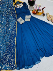 Graceful Blue Fox Georgette Gown with Embroidered Dupatta